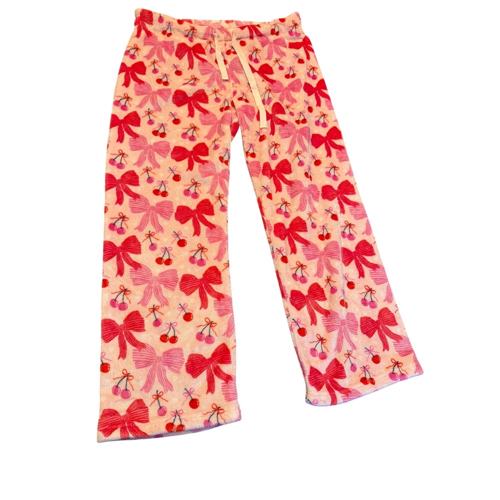 Krissy Mast Pajama Pants Pink Red Bow Cherry Print Plush Fleece Lounge Large
